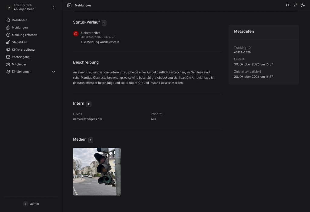 Vorgang im Dashboard von Anliegen Bonn mit KI-Beschreibung und Foto