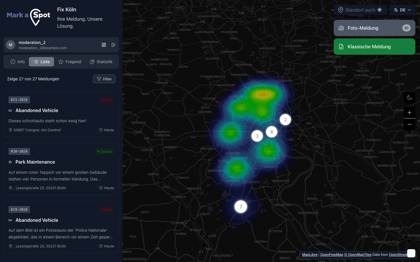 Mark-a-Spot Kartenansicht mit Meldungen