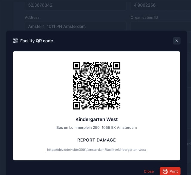 Mark-a-Spot Admin-Dashboard mit QR-Code und eigenem Melde-Link für eine Beispiel-Einrichtung