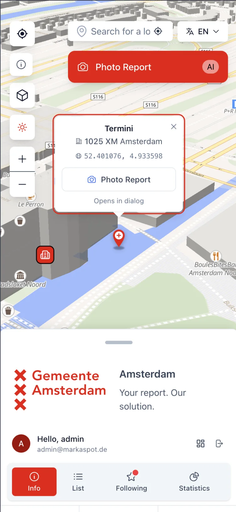 Mobile Mark-a-Spot-Ansicht: Meldung innerhalb des Geländes einer Beispiel-Einrichtung verortet