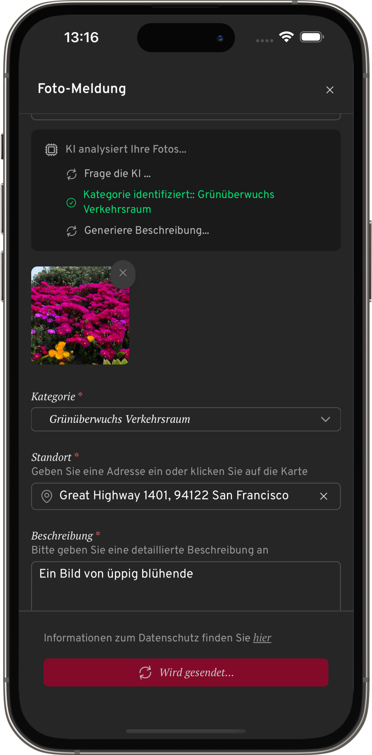 Screenshot: KI erkennt auf dem Foto das Problem und schlägt die passende Kategorie vor (anliegen.bonn.de)