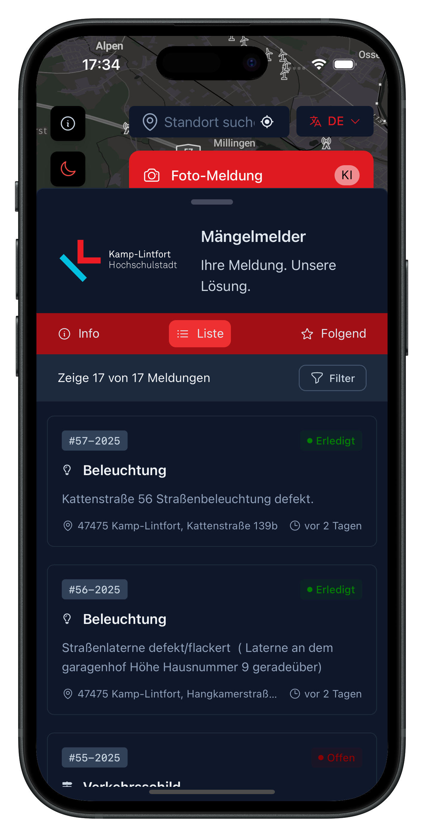Screenshot: Mängelmelder Kamp-Lintfort mit Kartenansicht und Kategorien (anliegen.kamp-lintfort.de)