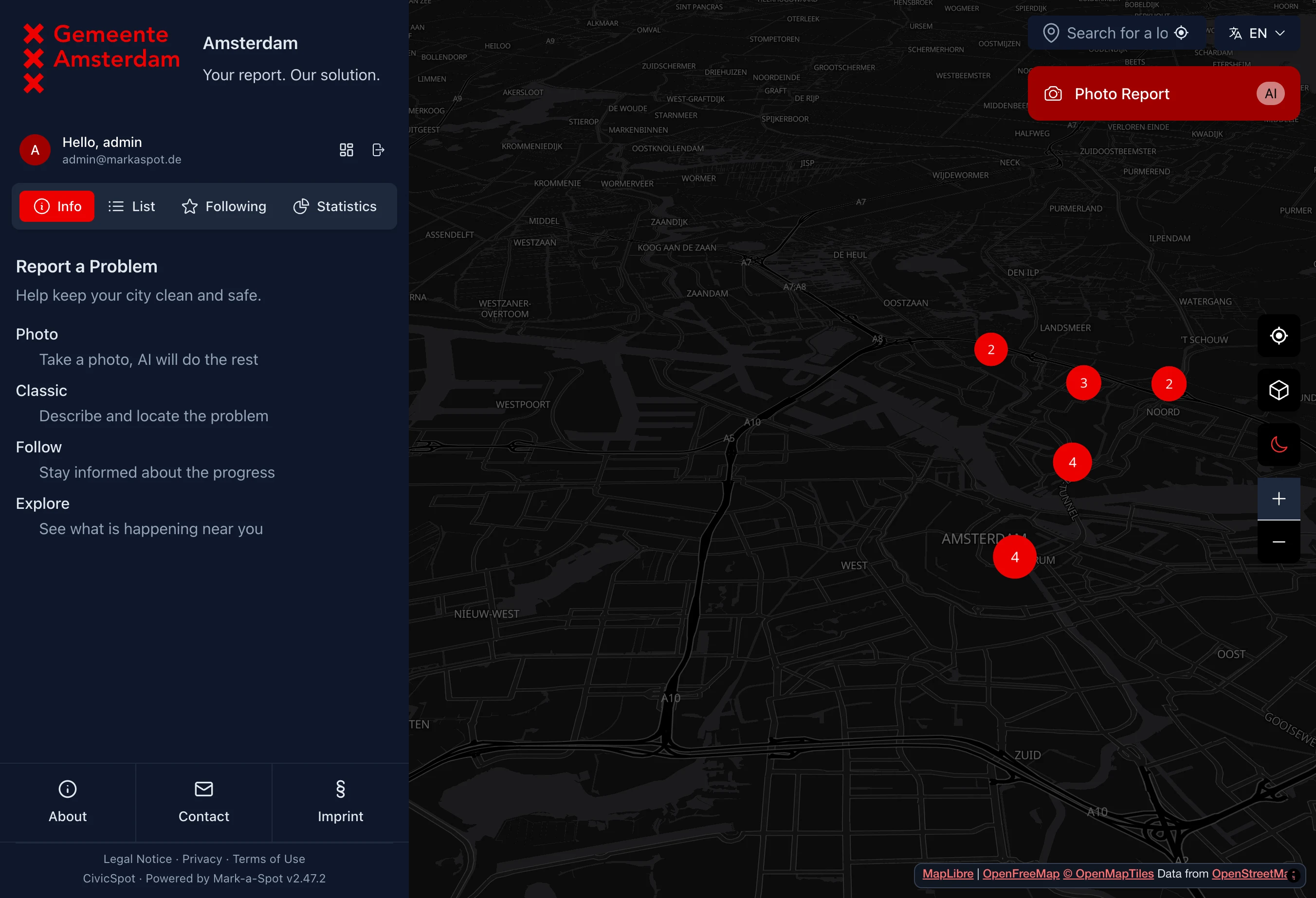 Mapa interactivo con marcadores de incidencias agrupados